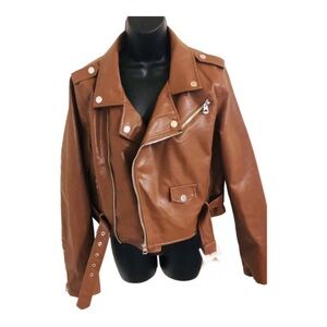 Stoosh brown leather look‎ classic motorcycle biker rocker jacket size XL new